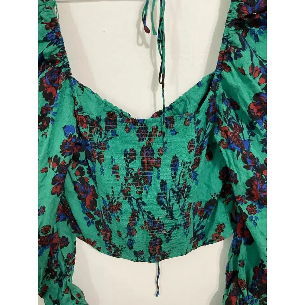 NWT Free People Crop Top Size Small Floral Blouse Puff Sleeve $98 Tie Back Green